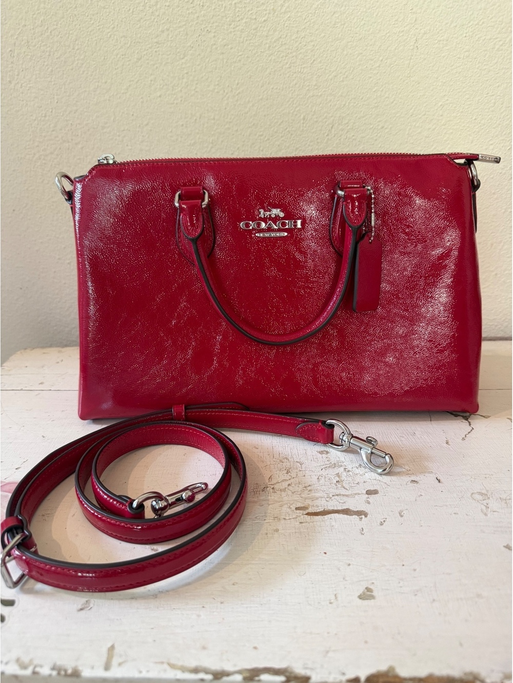 Coach Red Patent Leather Satchel Crossbody New